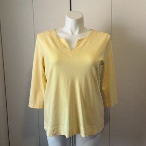 L.L. Bean Womens 100% Cotton V-Neck Notched 3/4 Sleeve Tee Solid Yellow XL Reg